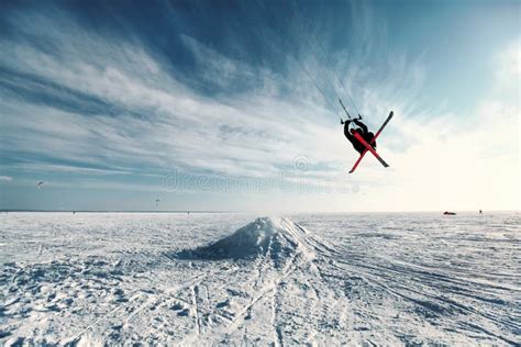 Ski Kiting And Jumping On A Frozen Lake Stock Image Image Of Jump