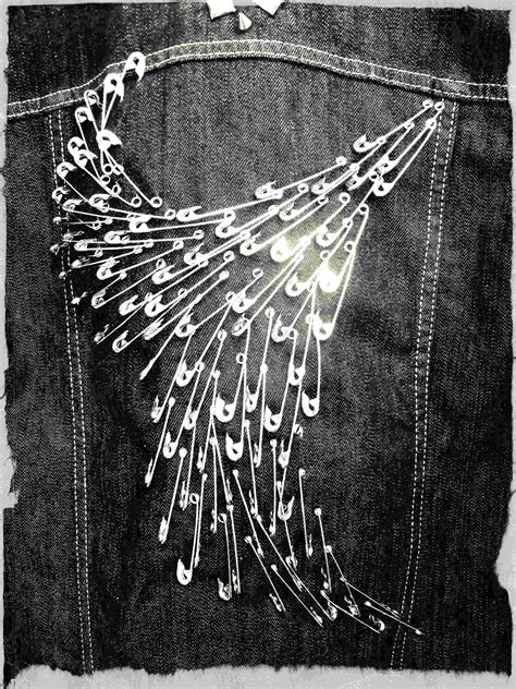 Ventage Clothing Safety Pin Art Abstract Wings Denim Jacket Art