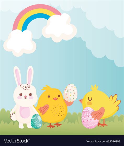 Happy Easter Cute Rabbit Chickens With Eggs Vector Image