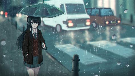Anime Girl Rain Desktop Background