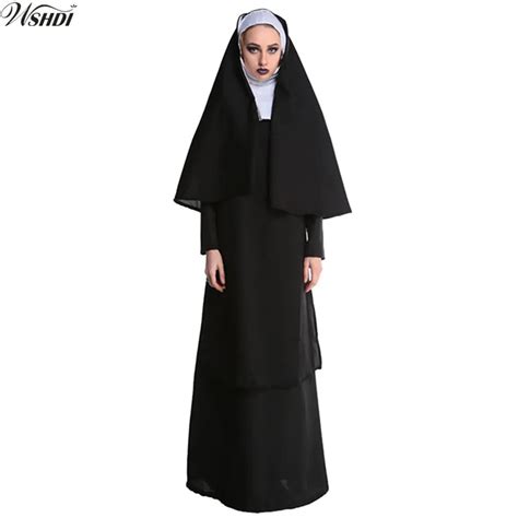 Adult Women Religious Catholic Costume Sister Nun Costume Halloween Cosplay Party Long Dress In