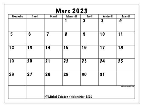 Calendrier Mars 2023 à Imprimer “48ds” Michel Zbinden Mc