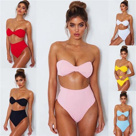 2019 New Sexy Bandeau Bikinis Women Tube Top Strapless Micro Bikini Set High Waist Swimsuit