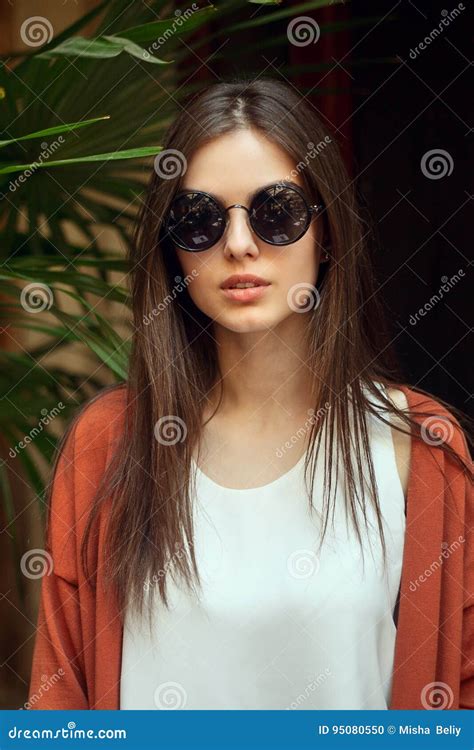 Close Up Portrait Young Girl In White Shirt Jeans And Sunglasses Stock