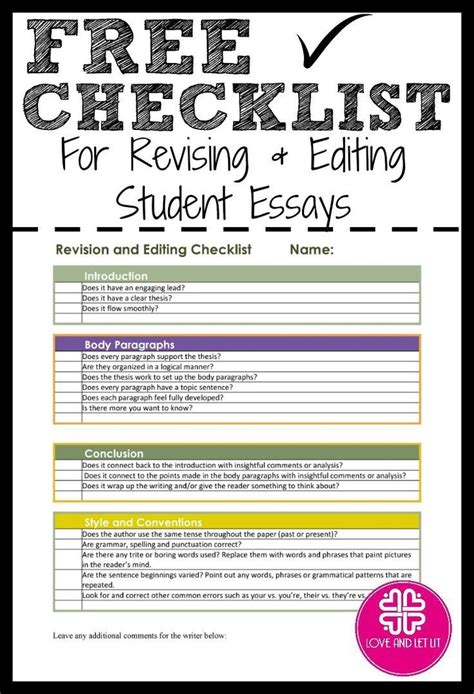 Revision And Editing Checklist For Students When Students Are Finished