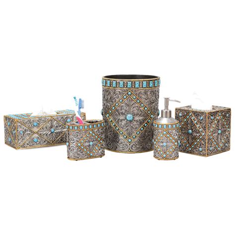 Set includes soap dish, toothbrush holder and lotion. Turquoise & Silver Scroll Bath Accessories