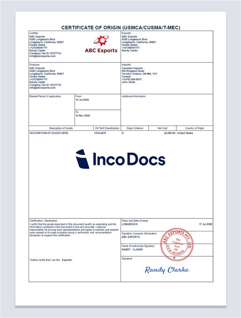Create And Download A Usmca Certificate Of Origin Form Incodocs