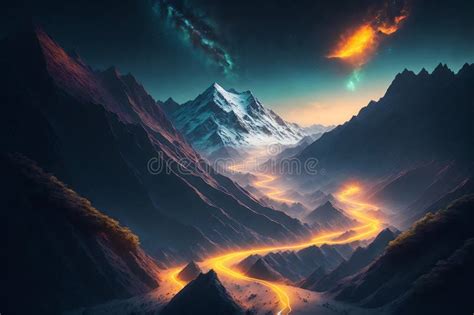 Mountain With Luminous Roads Live Glowing River Stock Illustration