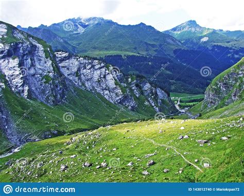 The Alpine Valley Of Im Loch At The Glarus Alps Mountain Range Stock