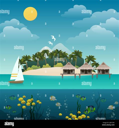 Tropical Island Sea View With Yacht Sandy Beach Background Vector