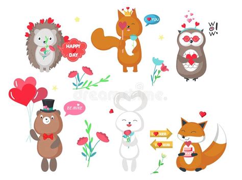 Cute Forest Animals In Love Vector Illustration Funny Bear Hedgehog