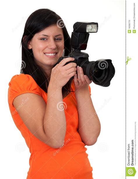 Female Photographer With Digital Camera Stock Photo Image Of Happy