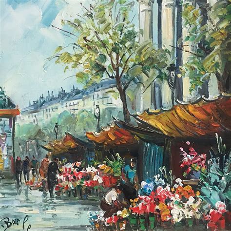 Vintage French Oil Painting Paris Market Street Scene Original Signed