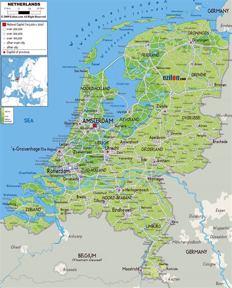 Large Physical Map Of Netherlands With Roads Cities And Airports Netherlands Europe