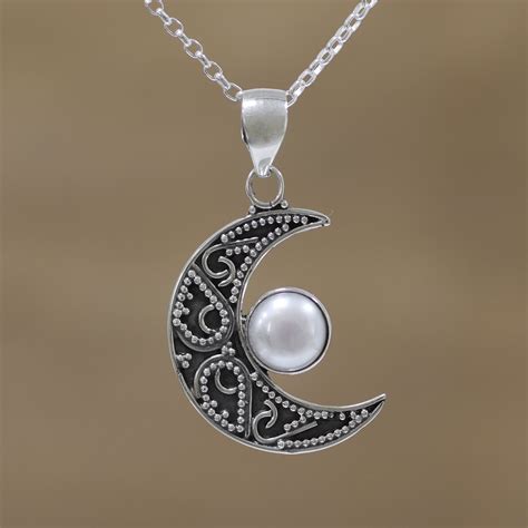 Cultured Pearl Crescent Moon Pendant Necklace From India Cratered