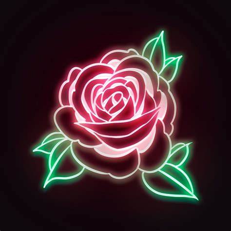 Neon Rose Flower Outline Sticker Overlay On A Black Background