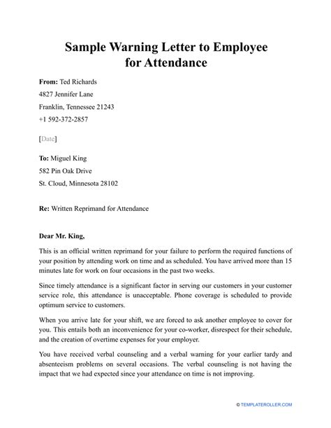 Sample Warning Letter To Employee For Attendance Fill Out Sign Online And Download PDF