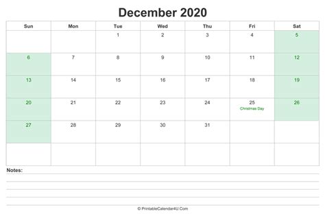 December 2020 Calendar With Us Holidays And Notes Landscape Layout