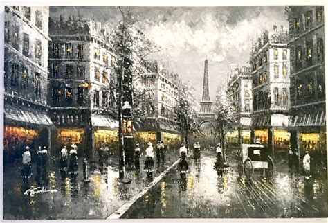 20th Century Original Oil On Canvas Painting Of Paris At Night By R