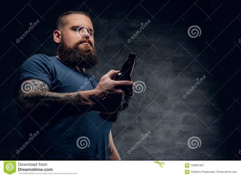 Bearded Man Holds The Beer Bottle Stock Image Image Of Punk
