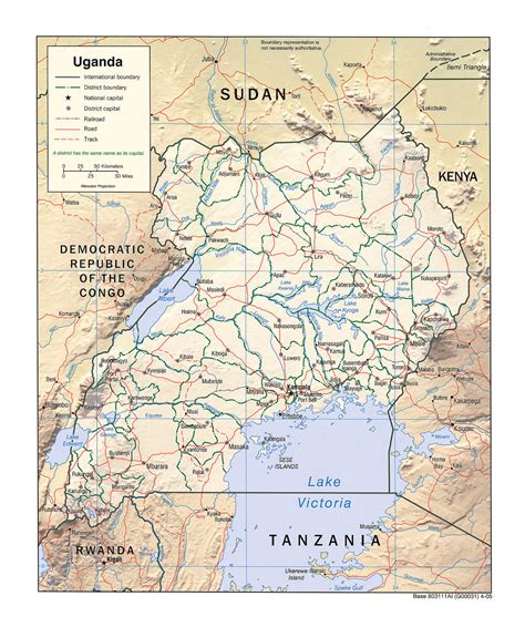 It includes country boundaries, major cities, major mountains in shaded relief, ocean depth in blue color gradient, along with many other features. Detailed political and administrative map of Uganda with relief, roads, railroads and major ...