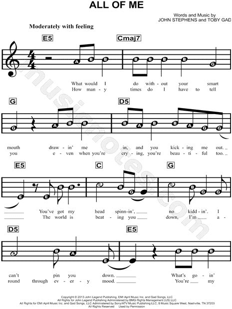Flute, cello, violin, clarinet, trumpet. John Legend "All of Me" Sheet Music for Beginners in C ...