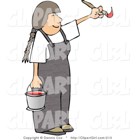 Clip Art Of A Girl Artist Painting With A Paintbrush And Pail Of Red