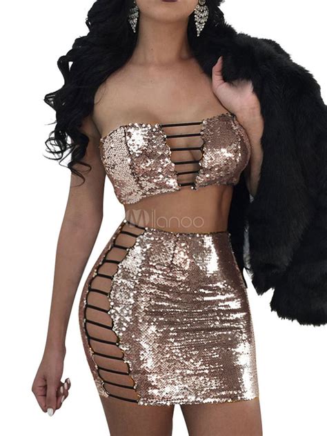 Women Clubwear Set Strapless Strappy Sequins Glitter Sexy Two Piece Clubwear