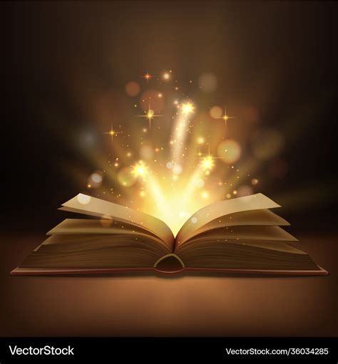 Open Book With Magic Lights Realistic Royalty Free Vector