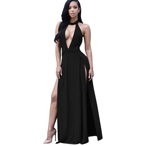 Maxi Backless Dress Sexy Womens Evening Party Dresses Deep V Neck Sleeveless High Slit Elegant