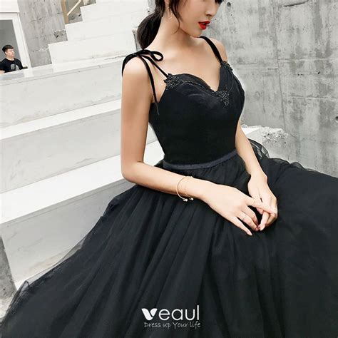 Chic Beautiful Black Prom Dresses 2019 A Line Princess Spaghetti