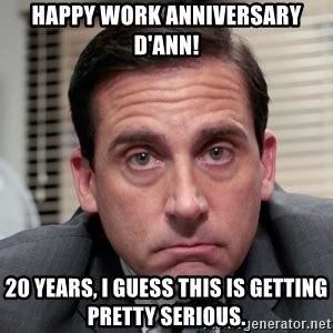 Jan 22, 2015 · each wedding anniversary is a celebration of this unique relationship and all of the memories of the past year. Happy Work Anniversary D'Ann! 20 years, I guess this is ...