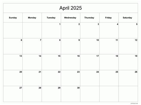 Printable April 2025 Calendar Classic Blank Sheet
