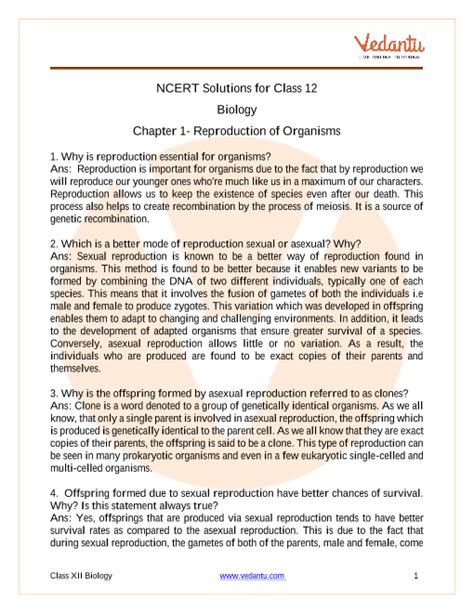 Ncert Solutions For Class 12 Biology Chapter 1 Reproduction In Organism Free Pdf