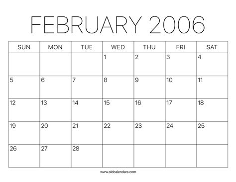 2006 Calendar February Printable Old Calendars