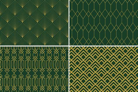 8 Seamless Art Deco Patterns Green And Gold Set 1 By Eyestigmatic