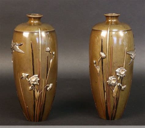 Pair Of Japanese Bronze Vases Signed Miyabe Atsuyoshi Bronze Vase Japanese Bronze Vase