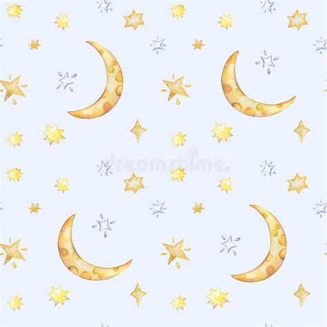 Watercolor Crescent Moon And Stars On Light Background Seamless