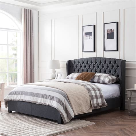 Fully Upholstered King Size Platform Bed Frame Low Profile Contempor