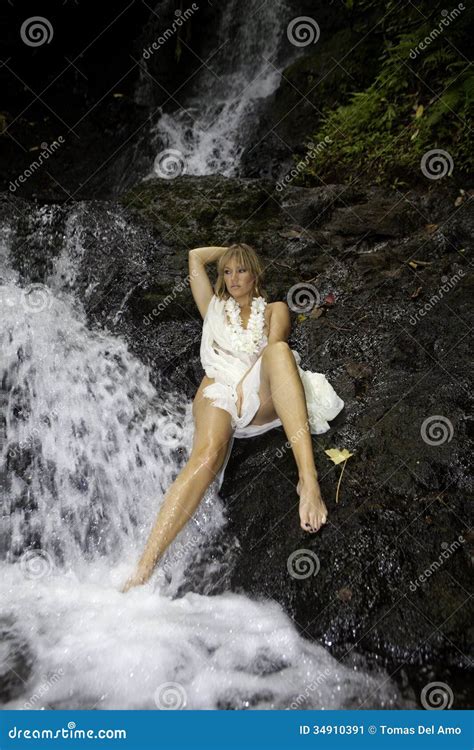 Blond Woman In A Waterfall Stock Image Image Of Chiffon 34910391