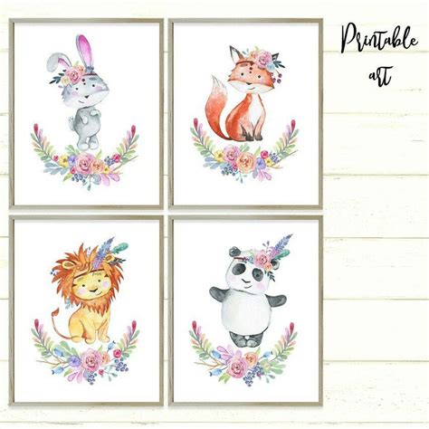 Boho Animals Art Print Set Of 4 For Floral Bohemian Baby Girls Nursery