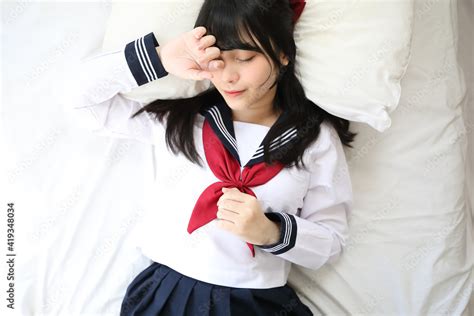 Portrait Japanese School Girl Sleeping In White Tone Bed Room Stock 사진