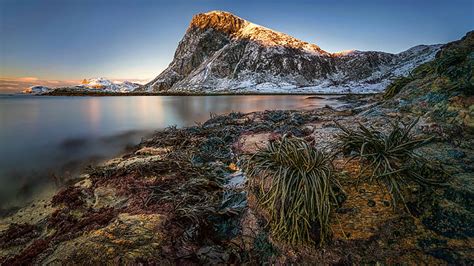 Noruega Winter Landscape Lofoten Mountains Coast Kvalvika Desktop Hd