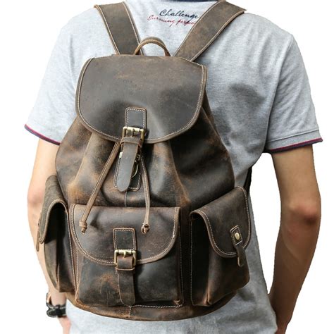 Tiding Large Thick Genuine Leather Drawstring Backpack For Men Vintage