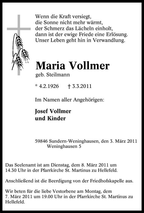 Traueranzeigen Von Maria Vollmer Trauer In NRW De