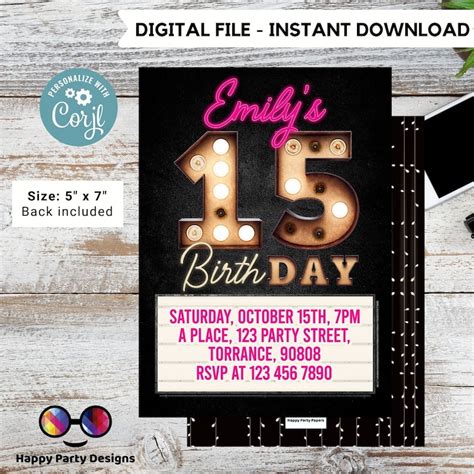 Editable 15th Birthday Invitation Editable Template Party Etsy