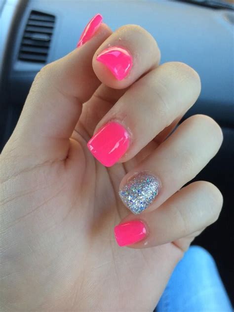 Hot Pink With Silver Glitter Ring Finger Pink Acrylic Nails Nails