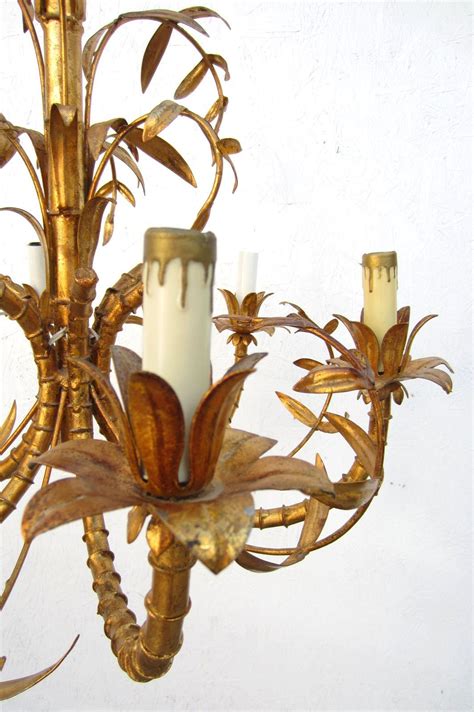 Hollywood Regency Gold Gilded Faux Bamboo Chandelier Tole Italy 1950s