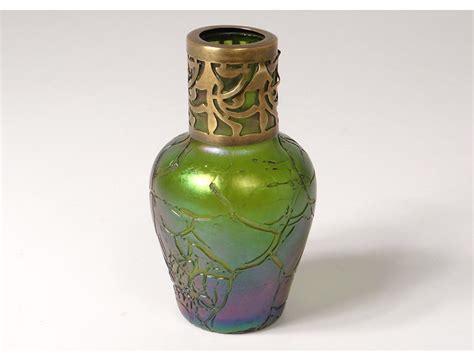 Small Vase Iridescent Glass Loetz Bohemia Austria Gilded Brass Art Nouveau Xixth