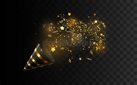 Golden Party Popper With Exploding Confetti Glitters Stock Vector